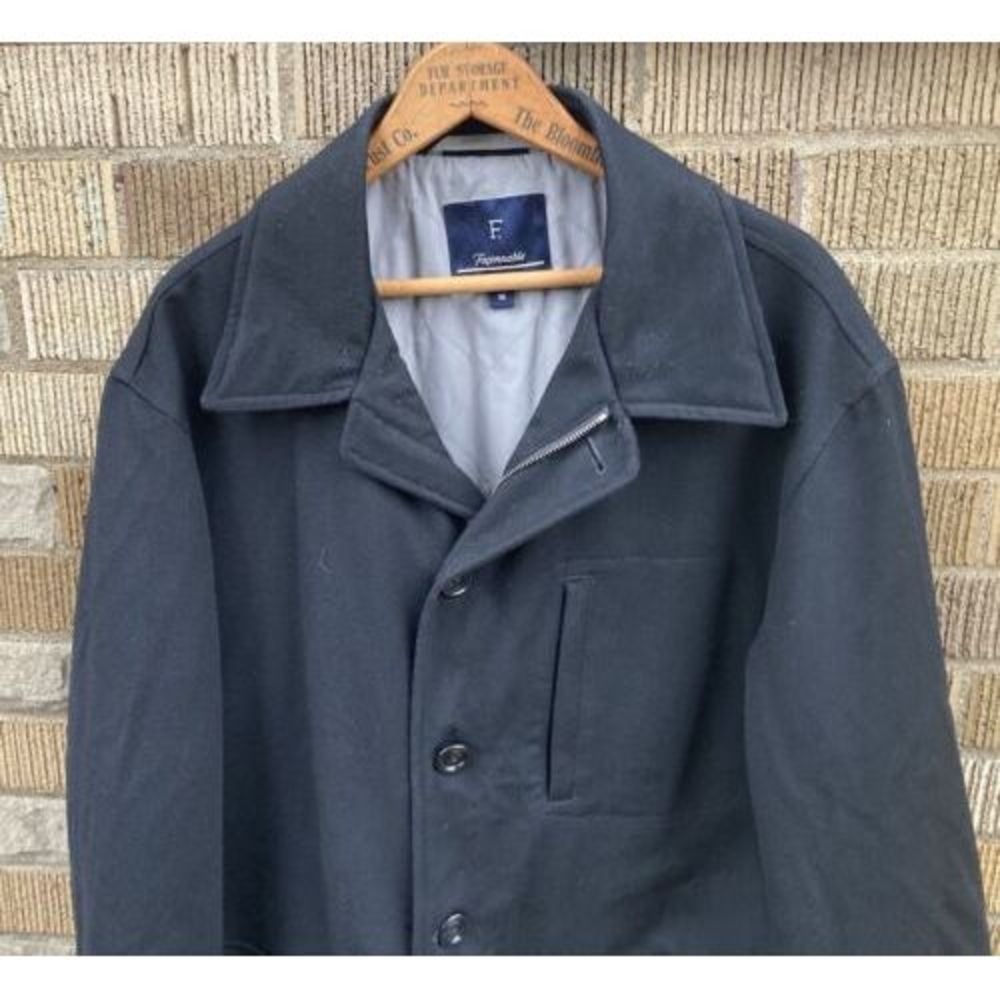Faconnable Men’s Medium Coated Wool Pea Coat Black Polyester Lined And Padded
